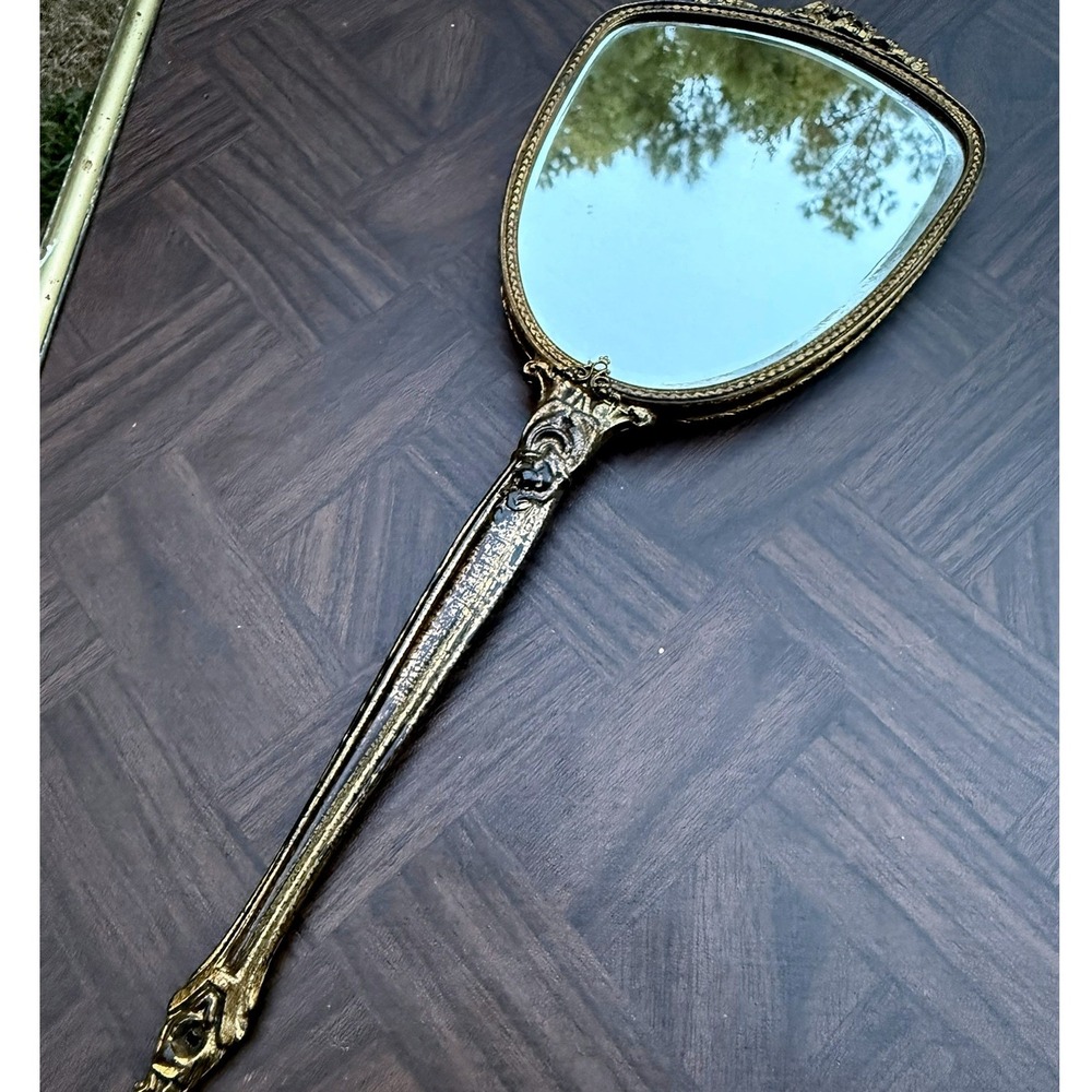 Vintage Ornate Gold Tone Hand Mirror Victorian Style Marbled Back Vanity Decor